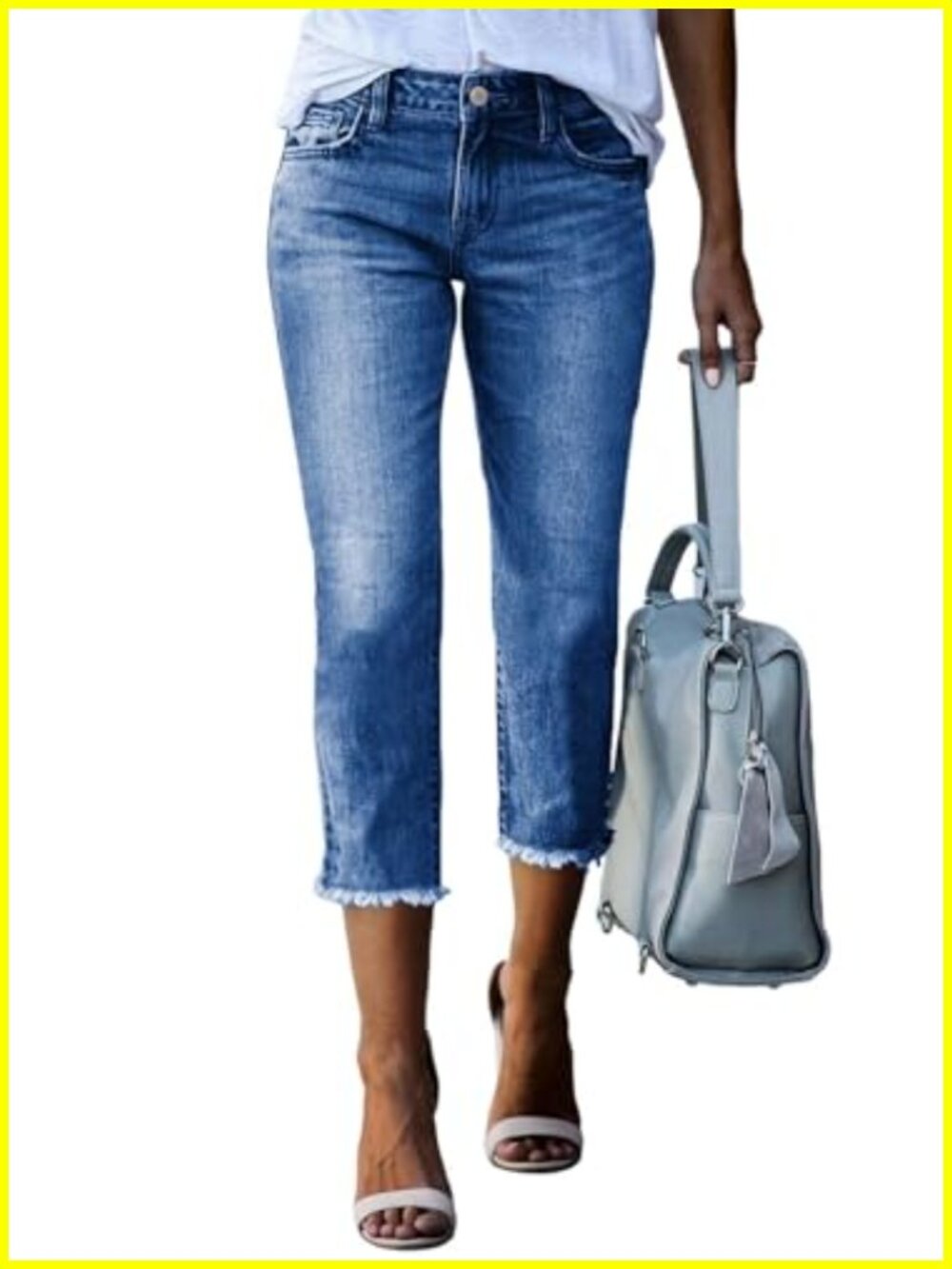 High Waisted Straight Leg Capri Jeans Denim Pants Women's Stretchy Raw Hem